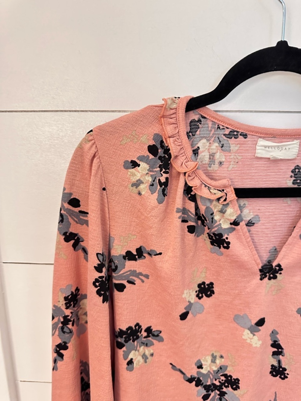 MELLODAY M peach floral ruffle V neck long sleeve blouse cottagecore shabby chic - Picture 3 of 12